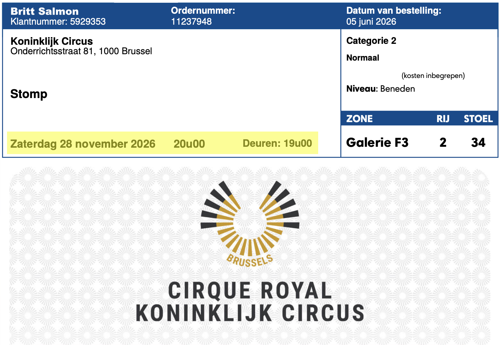 Jouw STOMP ticket — Koninklijk Circus Brussel, 28 november 2026